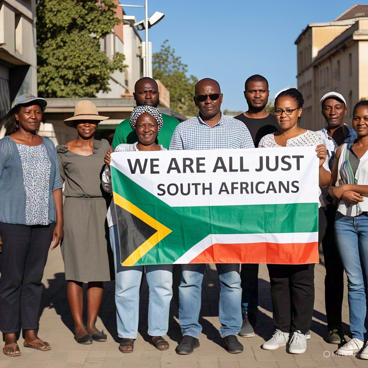 **Alt Text:** A diverse group of South Africans from all backgrounds stand together, embracing the message that there are no "White" or "Black" South Africans, only South Africans united in national identity.